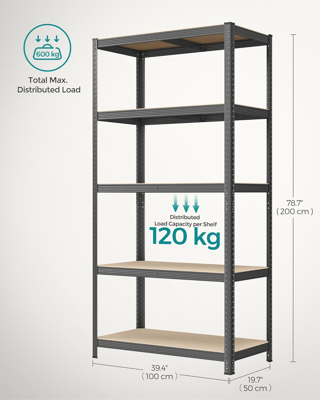 5 szintes Fém tároló polc, teherbírás 600 kg, 50 x 100 x 200 cm, szürke-VASBÚTOR