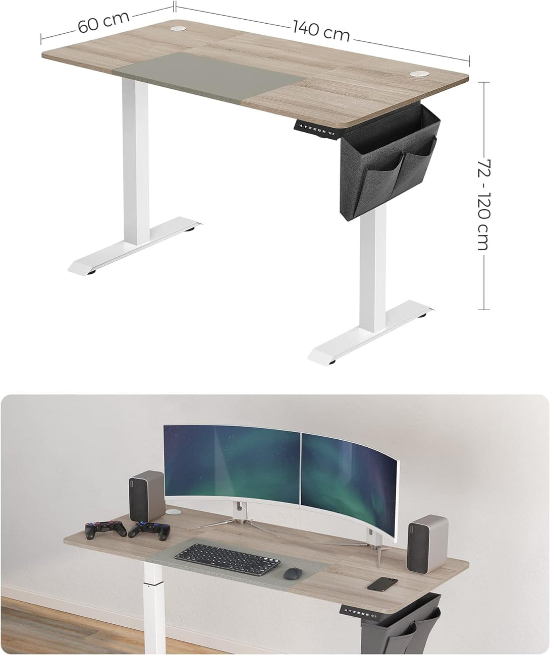 Állítható magasságú elektromos íróasztal memória funkcióval 60x140 cm, fehér-greige-VASBÚTOR