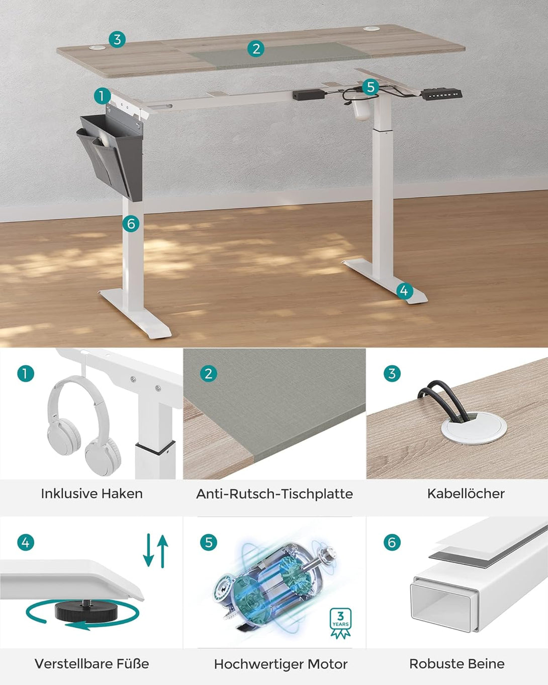 Állítható magasságú elektromos íróasztal memória funkcióval 60x140 cm, fehér-greige-VASBÚTOR