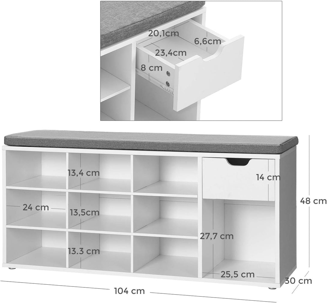 Cipőtároló pad, párnázott ülőfelülettel, 104x30x48cm, fehér-VASBÚTOR