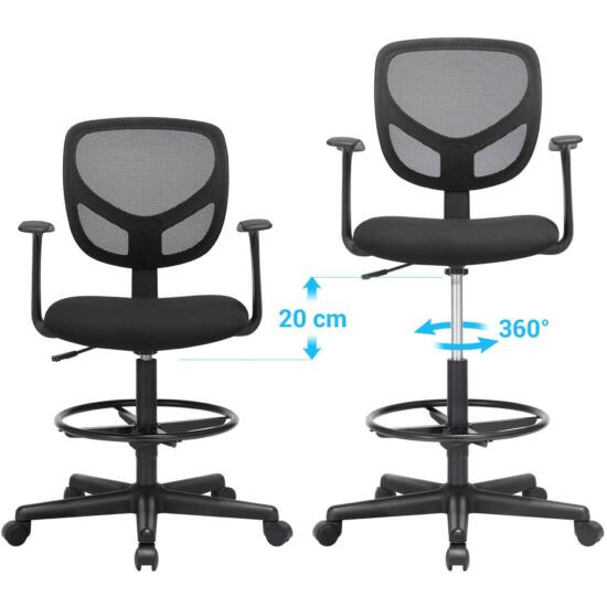 Ergonomikus irodai szék kartámaszokkal, magas forgó szék 55-75 cm ülésmagasság, Fekete-VASBÚTOR