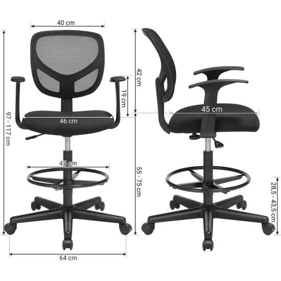 Ergonomikus irodai szék kartámaszokkal, magas forgó szék 55-75 cm ülésmagasság, Fekete-VASBÚTOR