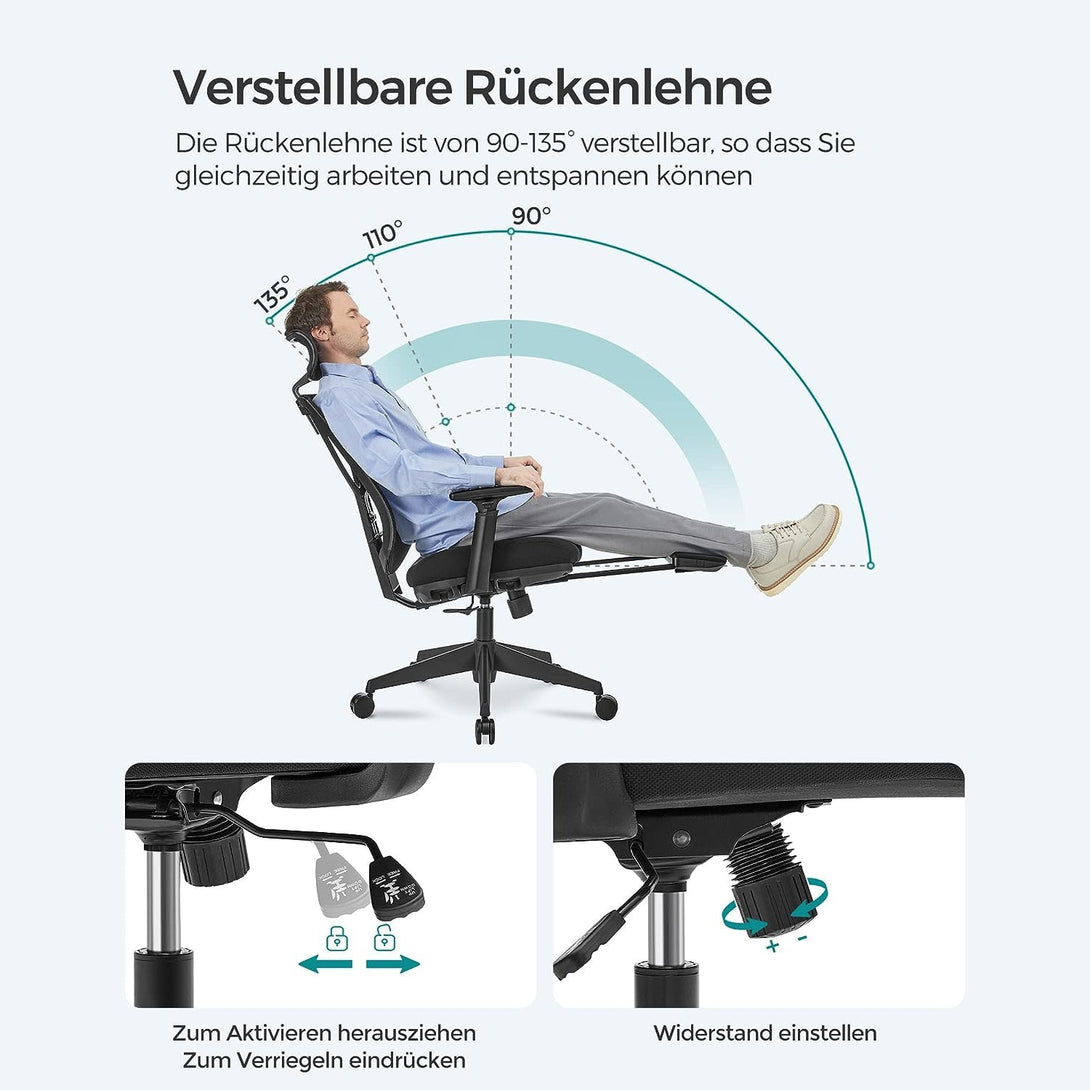 Ergonomikus irodai szék lábtartóval, maximális terhelés 150 kg, fekete-VASBÚTOR