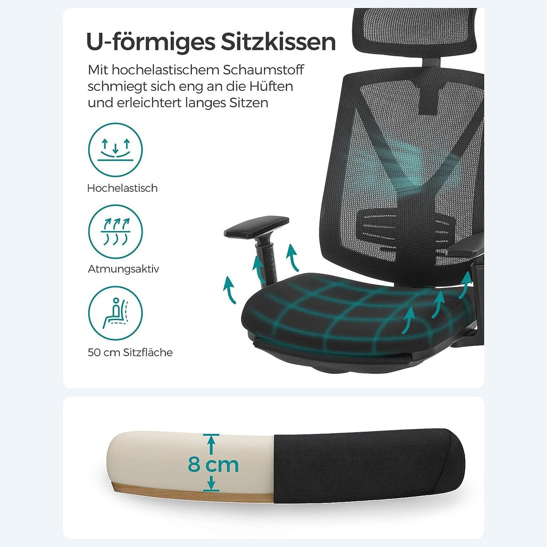 Ergonomikus irodai szék lábtartóval, maximális terhelés 150 kg, fekete-VASBÚTOR