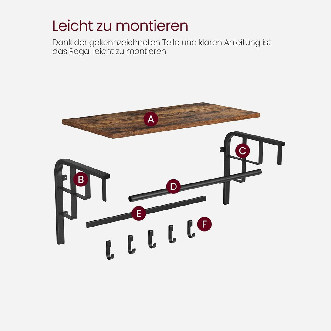 Falra szerelhető kabáttartó, ruhafogas 66x30x27 cm, rusztikus barna és fekete-VASBÚTOR