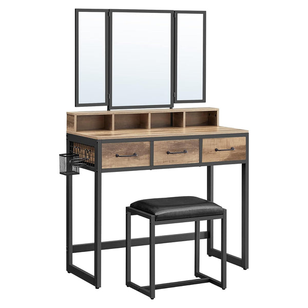 Fésülködő asztal párnázott székkel, fésülködő asztal tükörrel, tölgy barna/fekete-VASBÚTOR