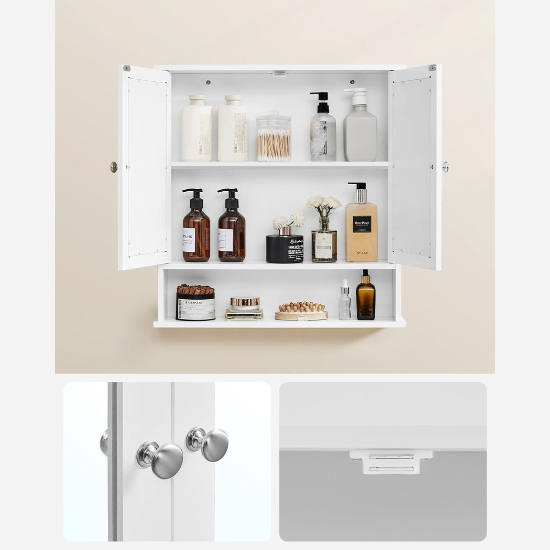 Fürdőszoba szekrény, Fali dupla tükörajtós szekrény 13 x 56 x 58 cm, fehér-VASBÚTOR