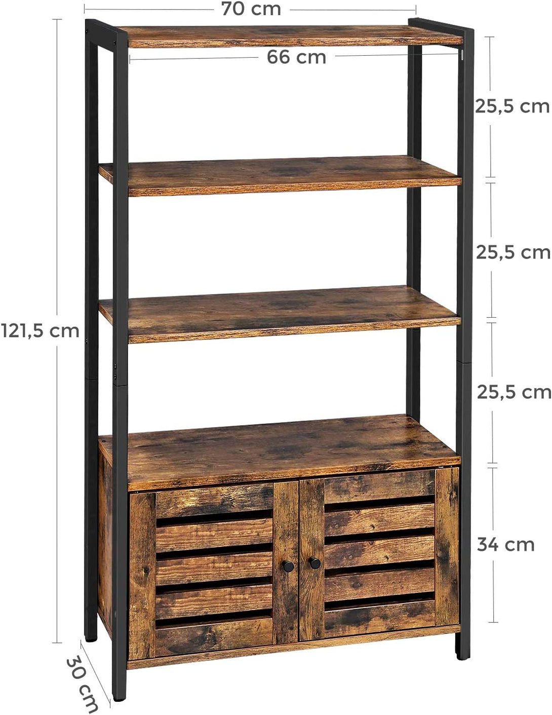 Könyvespolc, tárolószekrény 3 polccal 70 x 30 x 121,5 cm, rusztikus barna-VASBÚTOR