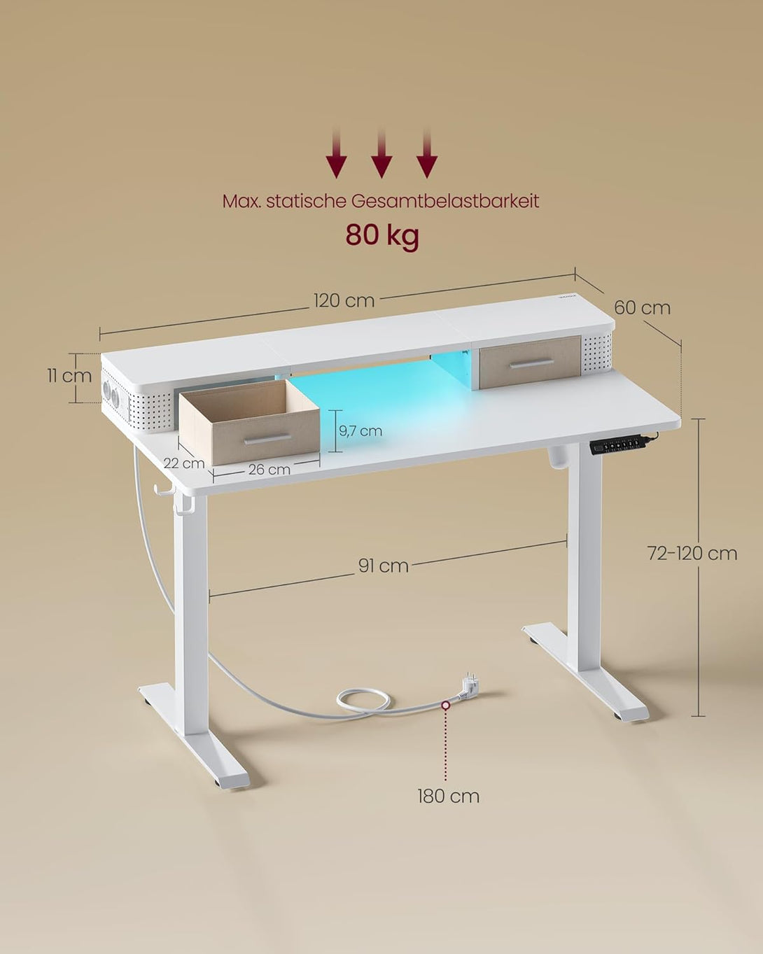 Magasságállítható elektromos íróasztal LED világítással, 60 x 120 x (72-120) cm, feher-VASBÚTOR