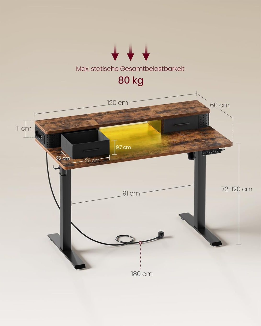 Magasságállítható elektromos íróasztal LED világítással(7 szín), 60 x 120 x (72-120) cm, vintage barna/fekete-VASBÚTOR