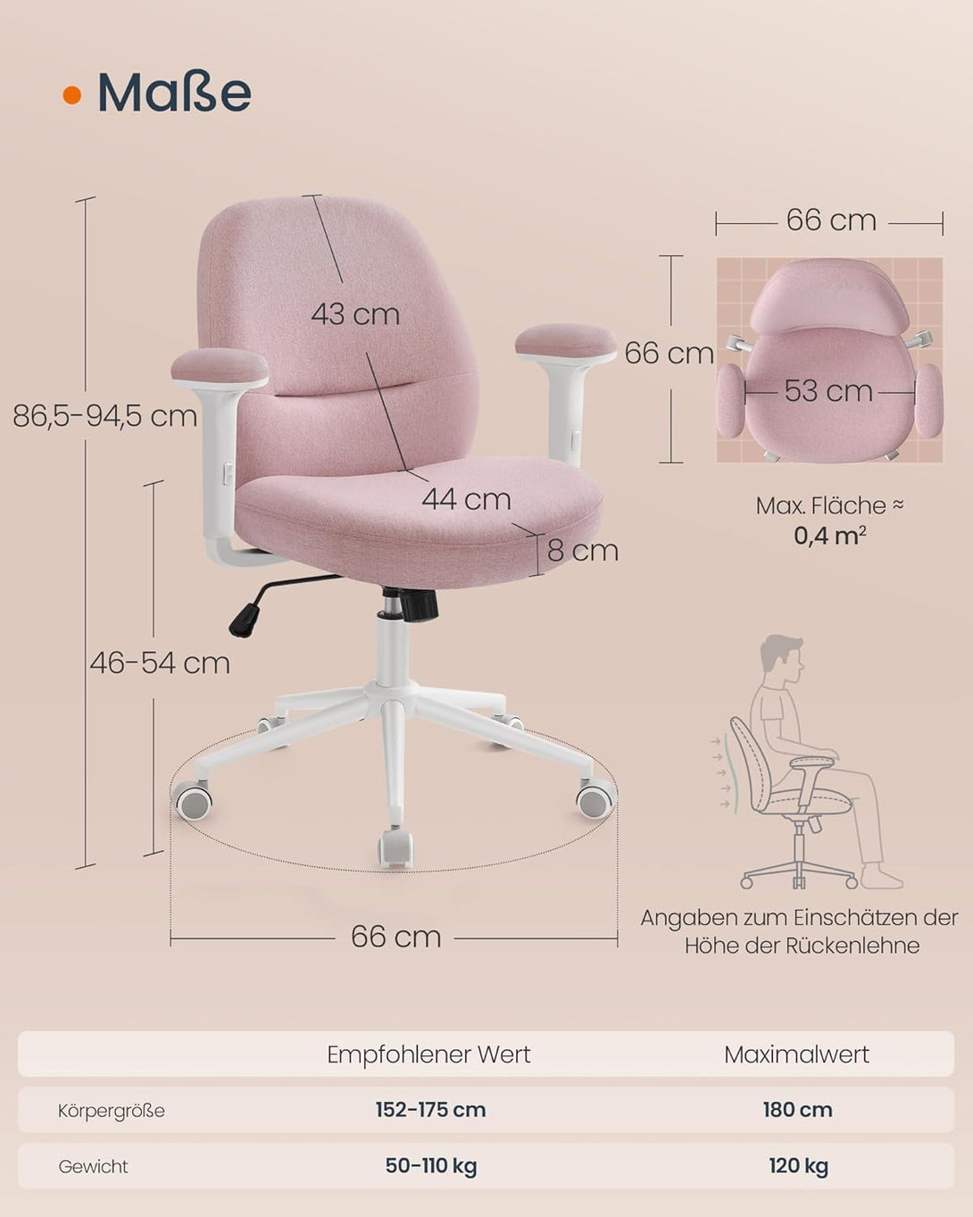 Modern irodai szék, állítható magasságú forgószék, billenő funkcióval, pasztell rózsaszín-VASBÚTOR