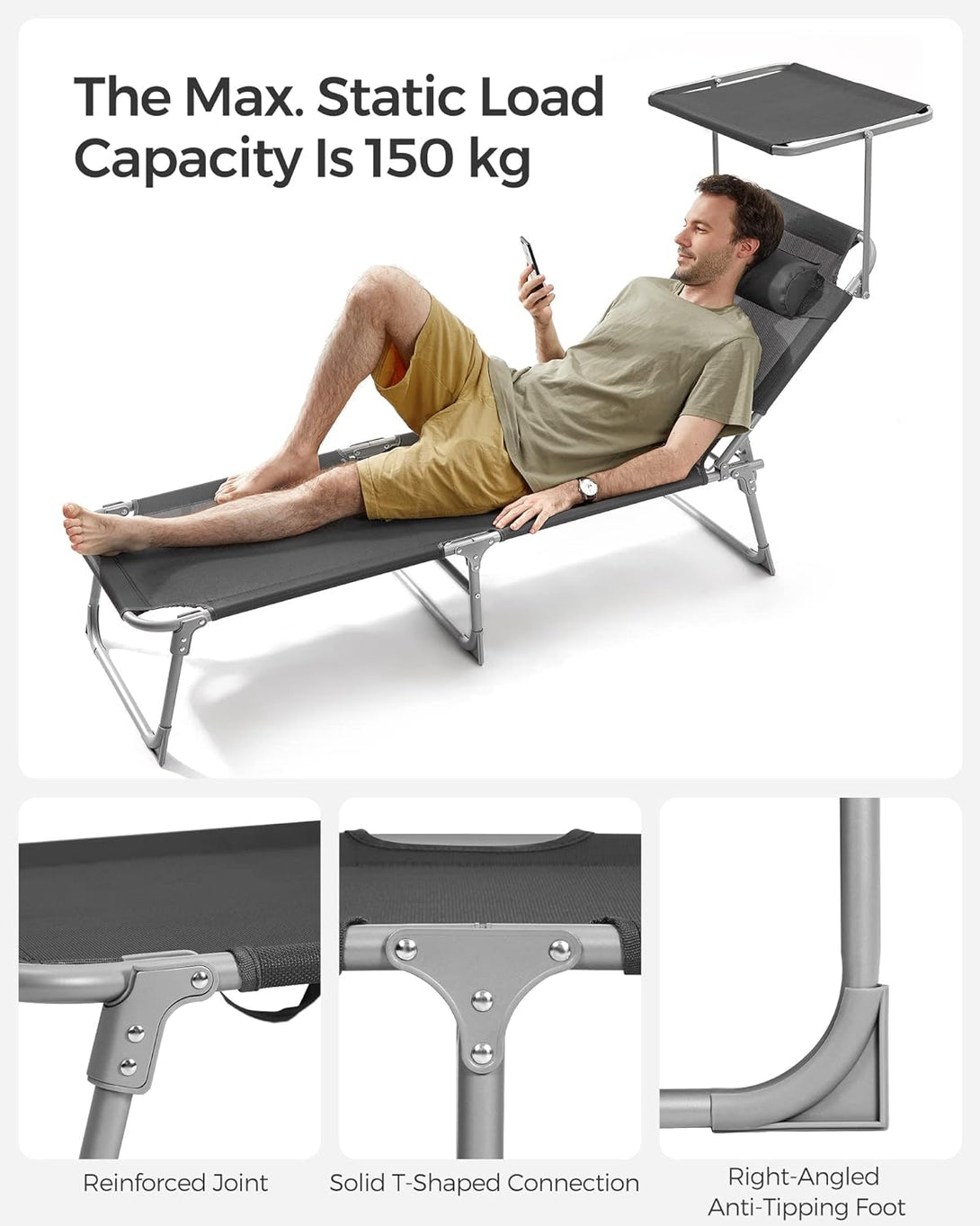 Összecsukható napozóágy napellenzővel 53 x 193 x 29,5 cm, 150 kg-ig terhelhető-VASBÚTOR