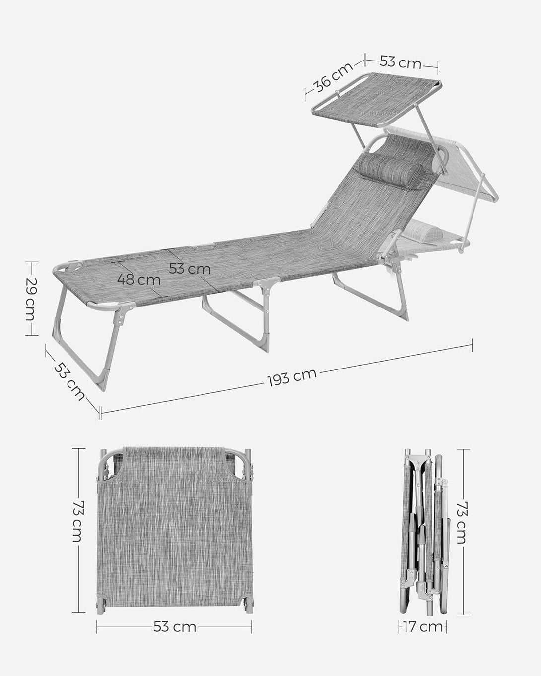 Összecsukható napozóágy napellenzővel 53 x 193 x 29,5 cm, 150 kg-ig terhelhető-VASBÚTOR