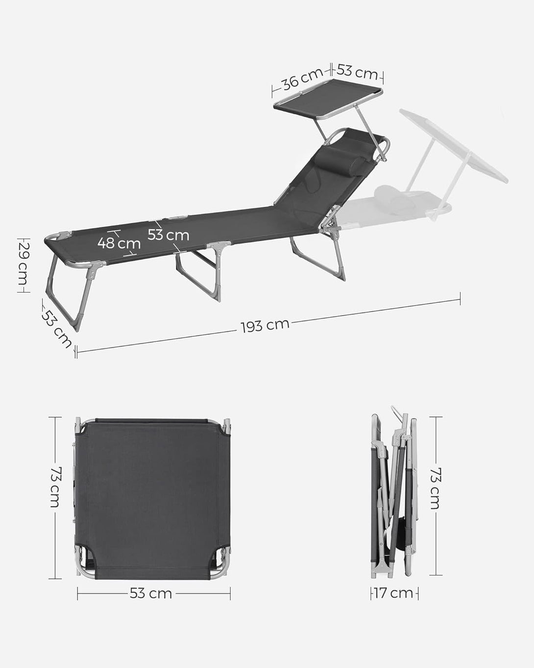 Összecsukható napozóágy napellenzővel 53 x 193 x 29,5 cm, 150 kg-ig terhelhető-VASBÚTOR