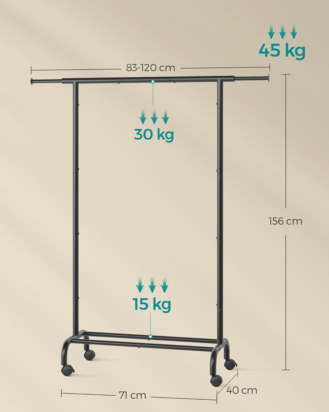 Ruhatartó állvány, gurulós ruhatároló kerekekkel, mérete: 40 x (83-120) x 156 cm, tintafekete-VASBÚTOR