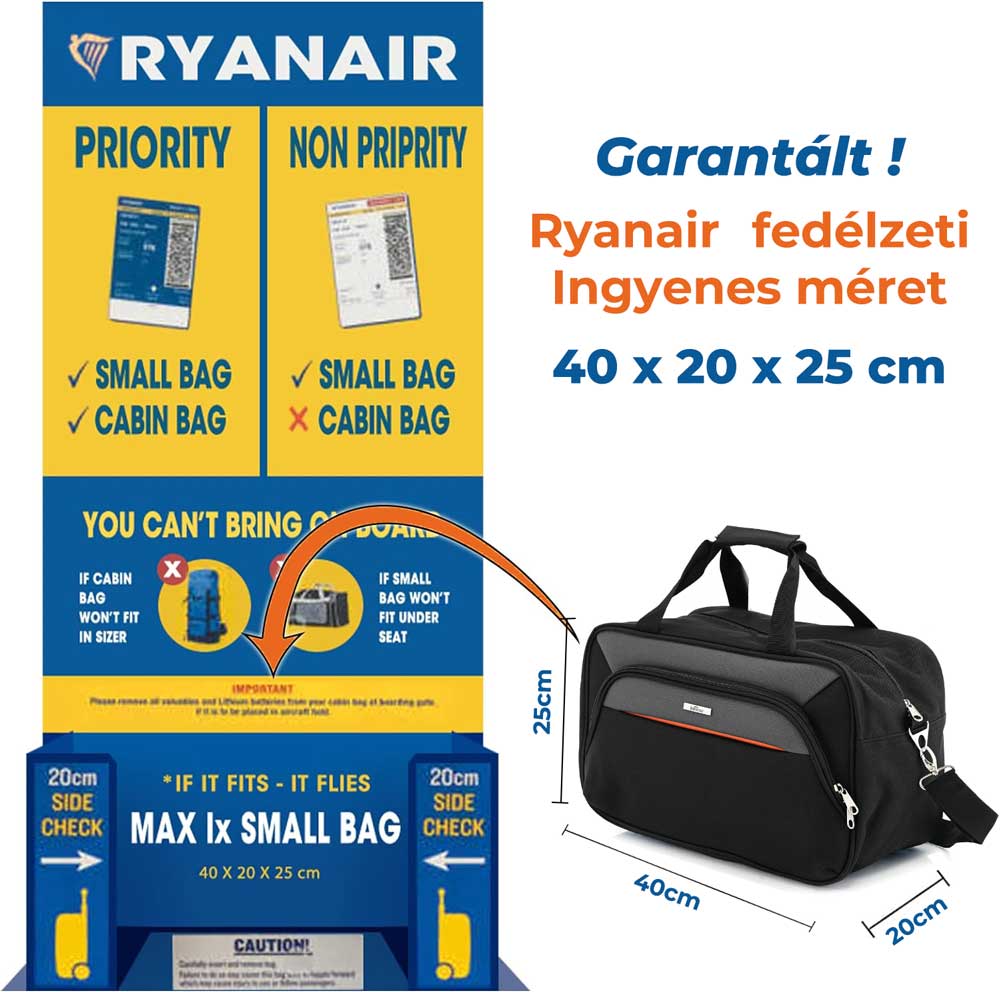 Ryanair/Wizzair kabintáska 40 x 20 x 25 cm, Bontour AIR Utazótáska, Fekete-VASBÚTOR