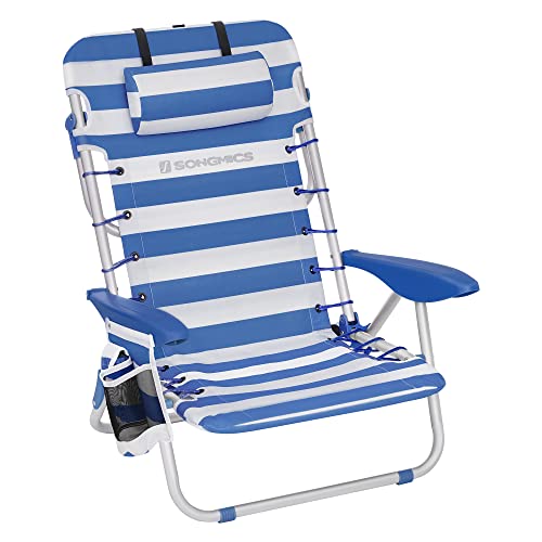 Strandszék, összecsukható , hordozható kültéri szék, állítható háttámlával, kék és fehér-VASBÚTOR