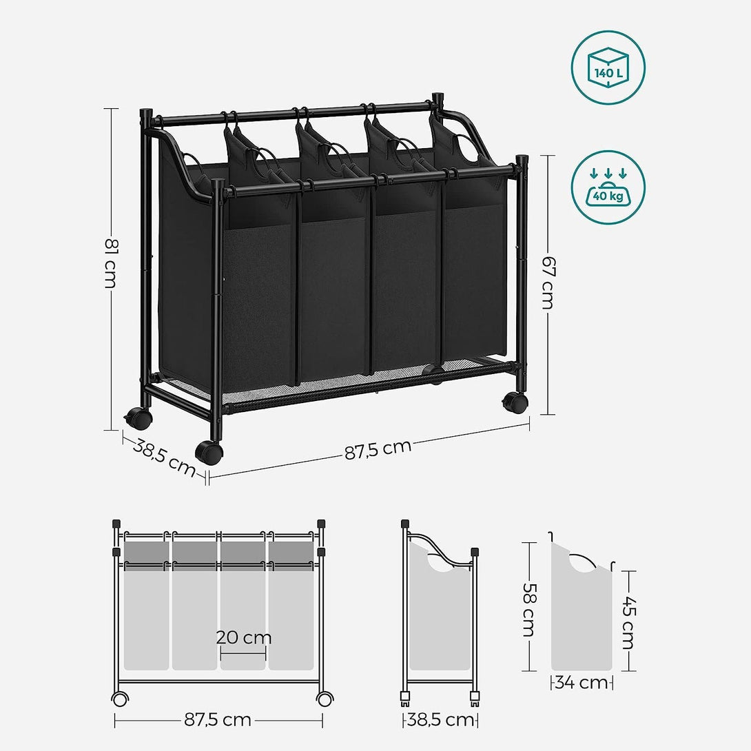 Szennyeskosár görgőkkel 4 x 35L, 4 kivehető táskával, fekete-VASBÚTOR