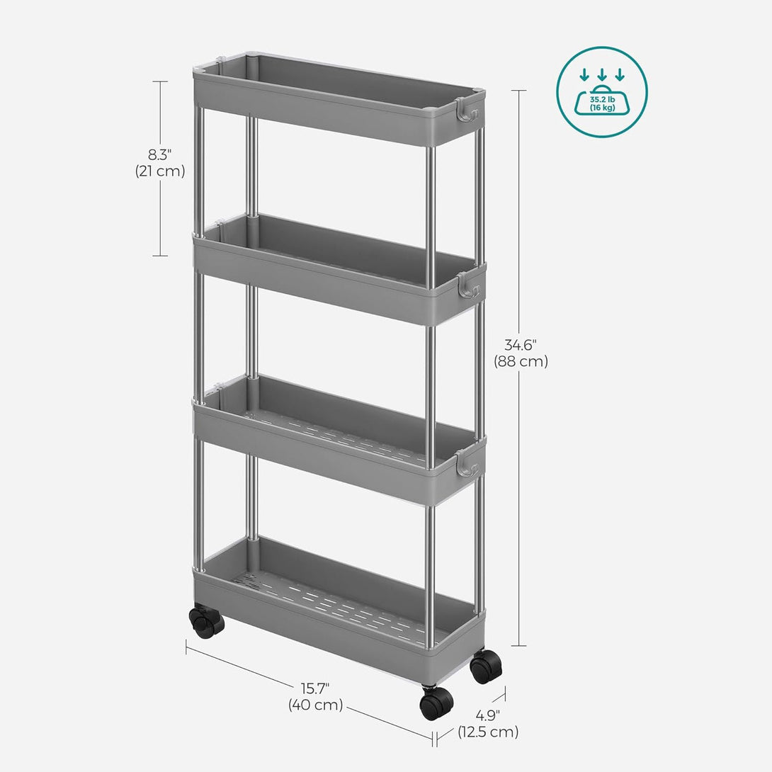 Tárolókocsi kerekeken, 4 szintes keskeny műanyag tároló, szürke-VASBÚTOR
