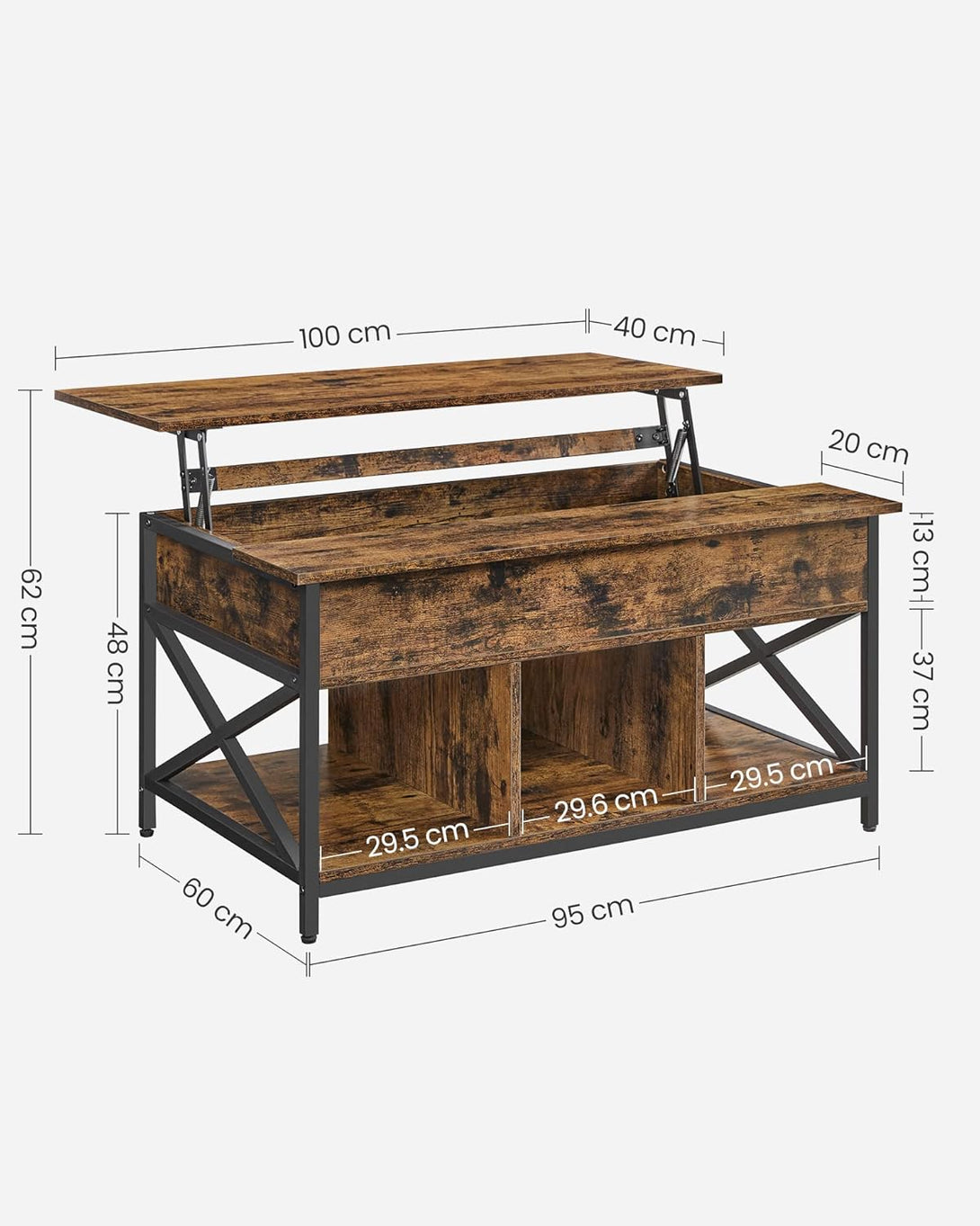 Dohányzóasztal, felnyitható asztal a nappaliba 60 x 100 x (48-62) cm, rusztikus barna-VASBÚTOR