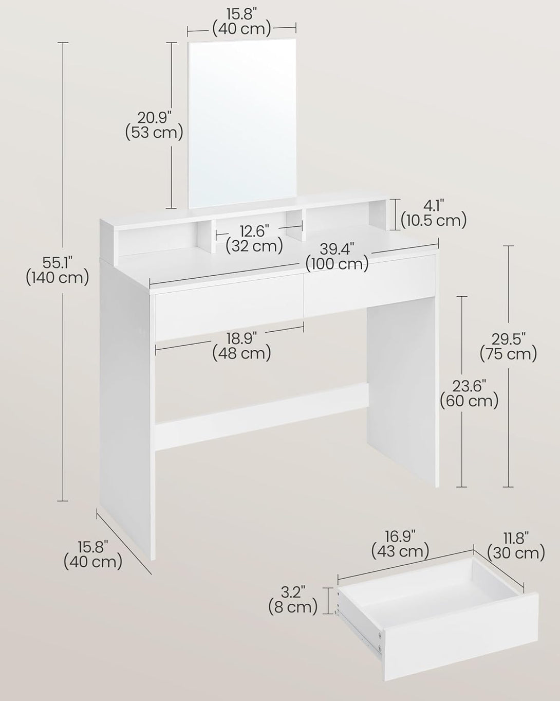 fésülködőasztal nagy tükörrel 40 x 100 x 140 cm, fehér-VASBÚTOR