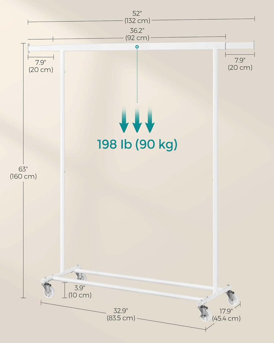 ruhaállvány kerekeken, max teherbírás 90kg, fehér-VASBÚTOR